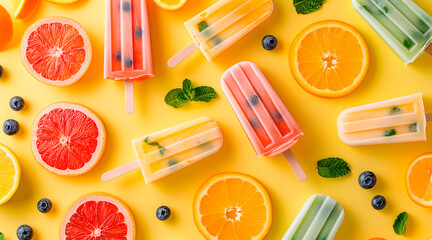Minimal food concept. Summer tropical background, flat lay of icy exotic refreshment, colorful,...