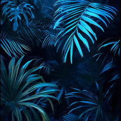 A dark room containing palm leaves has blue lighting, in the style of animated gifs, brushstroke fields