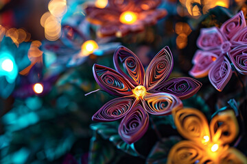Neon lit quilling flowers with electric colors glowing against a night cityscape