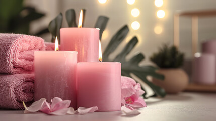 Craft a calming spa scene where the soft radiance of pink candles bathes the environment in a...