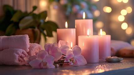 Craft a calming spa scene where the soft radiance of pink candles bathes the environment in a tranquil light
