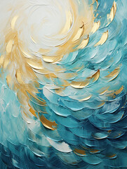 Fototapeta na wymiar Abstract oil painting, turquoise, beige, yellow and gold brush strokes