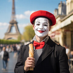 pantomime with a full-length smile with a baguette on the background of Paris