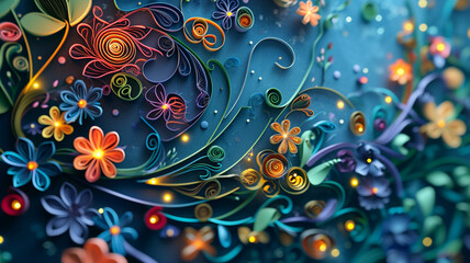 Quilled aurora borealis, with floral patterns dancing in the lights