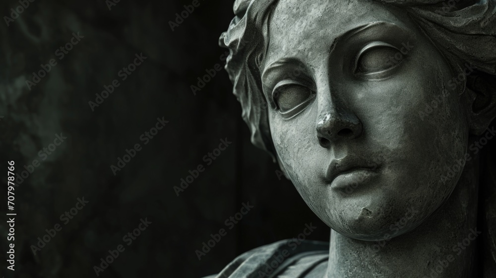 Poster A detailed close-up of a statue depicting a woman. Perfect for adding an elegant touch to any project