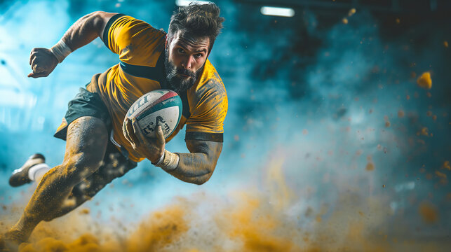 medium shot of a male Rugby athlete in a dynamic pose