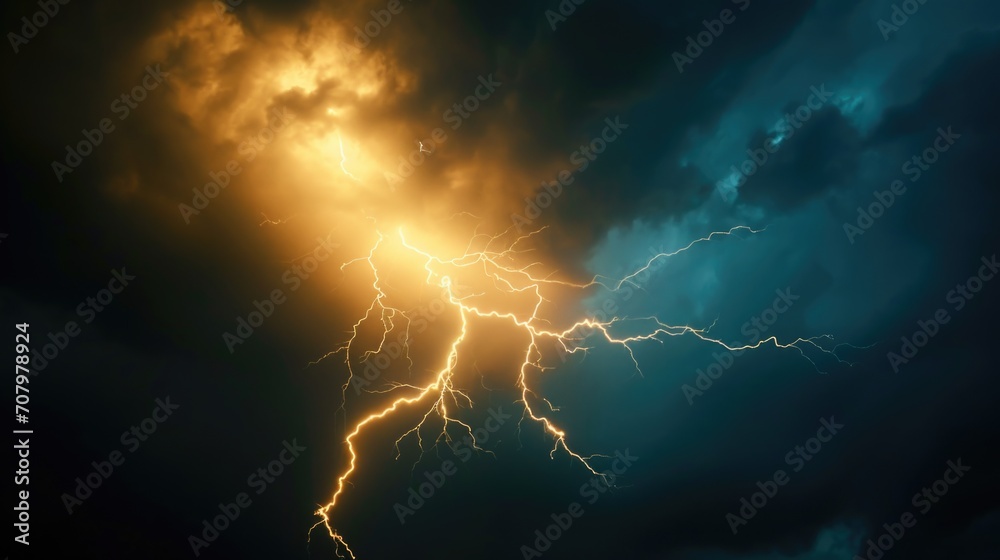 Poster A powerful lightning bolt cutting through the dark sky. Perfect for dramatic and intense themes. Ideal for use in weather-related articles or projects