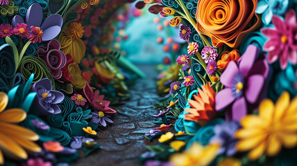 Quilled floral archway, colorful and inviting into mystery space