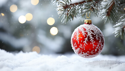 Naklejka na ściany i meble Snow covered tree with shiny Christmas ornaments generated by AI