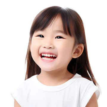 a closeup photo portrait of a beautiful young asian model girl smiling with clean teeth. used for a dental ad. isolated on white background. Generative AI