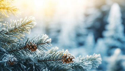 Winter forest, pine, fir, snow, frost, evergreen, celebration generated by AI