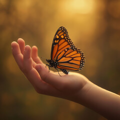 Beautiful swallowtail butterfly on a flower, hand
