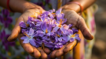 Hands Holding Saffron Flowers. Kashmir famous saffron, the worlds most expensive spice. Authentic,...