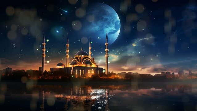 night view of the mosque ramadan background seamless looping 4k animation video