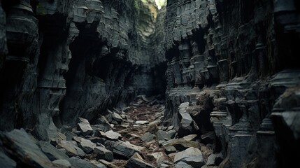 Fototapeta premium Mystical Basalt Column Cave Entrance. The entrance to a shadowy cave flanked by natural basalt columns, evoking a sense of ancient mystery and geological wonder