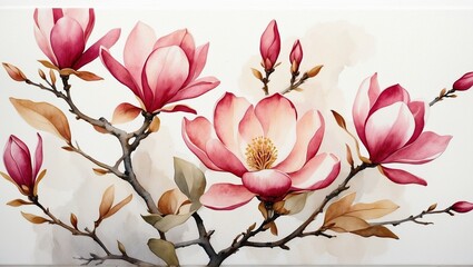 Illustration, postcard, banner: branches of blooming magnolia.