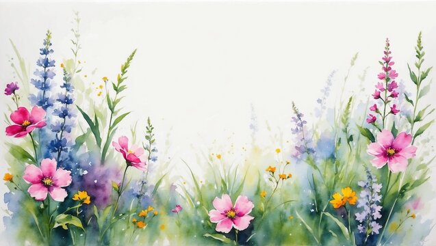 Illustration, postcard, banner: watercolor drawing of a bouquet of meadow flowers with copy space for text.
