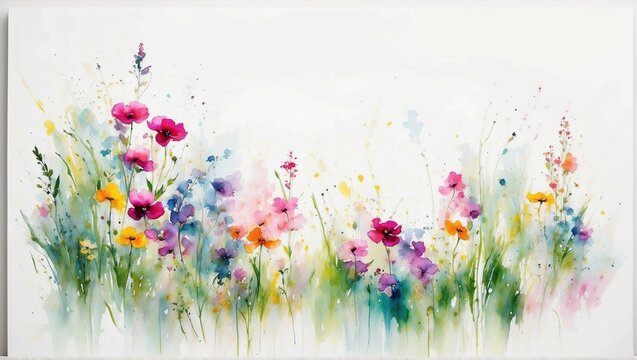 Illustration, postcard, banner: watercolor drawing of a bouquet of meadow flowers with copy space for text.