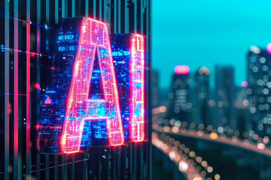 Futuristic Text AI Glowing Amidst Cyberpunk Metropolis