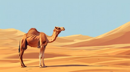 A single camel stands gracefully amid a vast desert with undulating sand dunes under a clear sky.