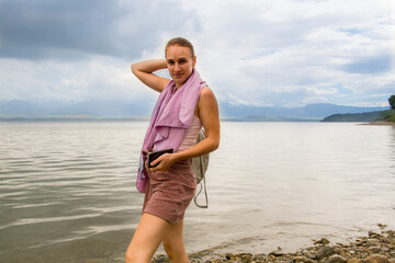 Fototapeta na wymiar After swimming in the Liptovska mara in Slovakia