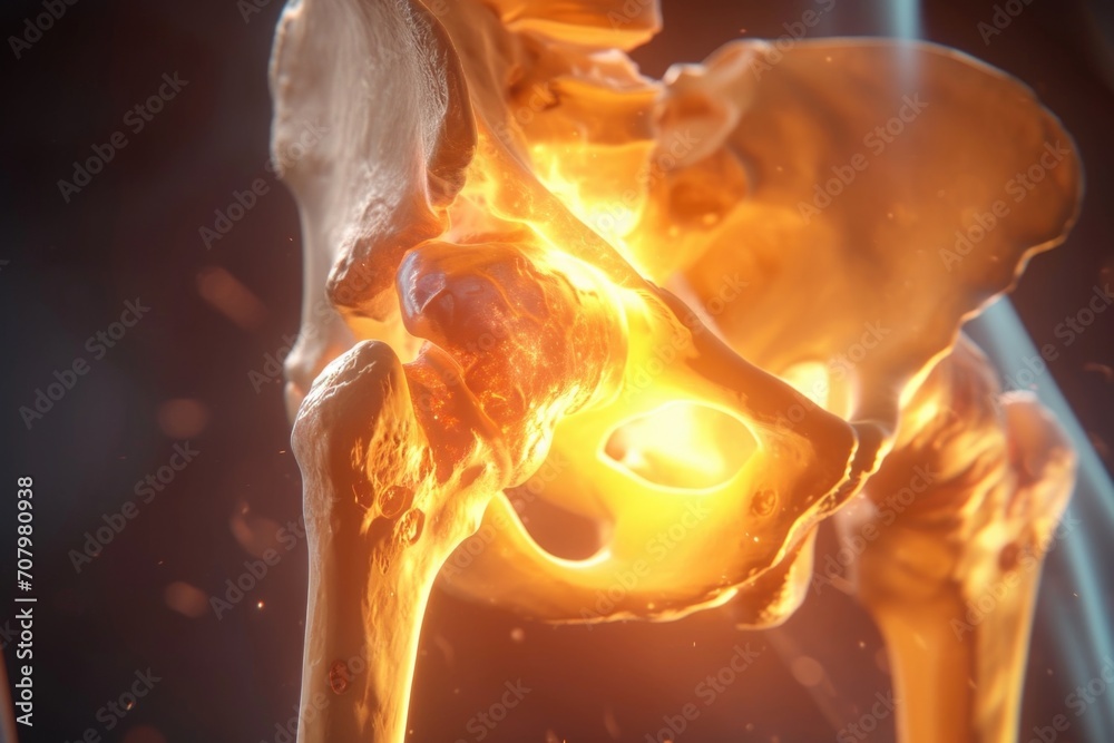 Poster A close-up view of a human skeleton with a glowing glow. This image can be used to depict concepts of Halloween, horror, anatomy, medical science, or even spirituality