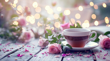 Obraz na płótnie Canvas Cozy Tea Time Amongst Blooming Roses and Soft Lights