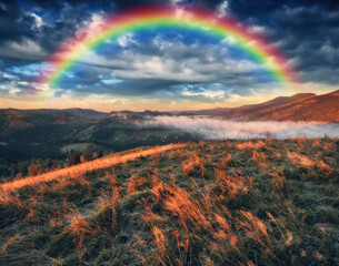 rainbow over the meadow in the Carpathian mountains. Fantastic landscape with rainbow. Dramatic overcast sky. Nature of Ukraine