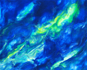 Fototapeta na wymiar Bright colorful acrylic texture. Liquid flowing acrylic on canvas. Marble texture in rainbow colors. Hand made abstract artwork with white, blue, green and yellow colors.