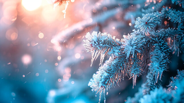 Primer plano nieve congelado arbol - Hielo en rama del arbol al atardecer