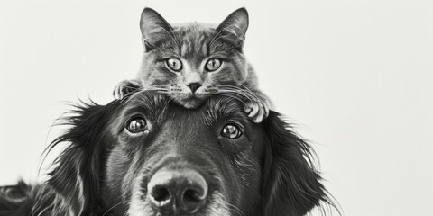 A cat is seen sitting on top of a dog's head. This image can be used to depict an unlikely friendship between different animals