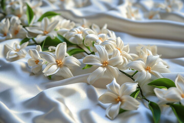 Quilled jasmine flowers forming a delicate garland on a silk texture