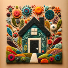 felt art patchwork, small house. New home, business, investment and real estate concept