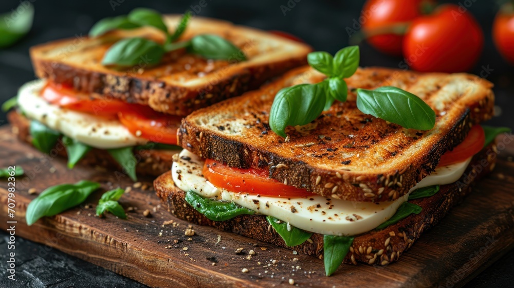 Poster  a close up of a grilled sandwich on a cutting board with tomatoes and basil on the side of the sandwich.