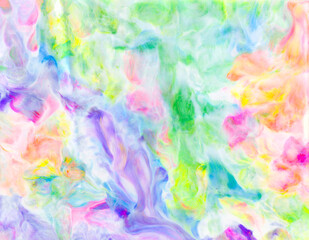 Fototapeta na wymiar Bright colorful acrylic texture. Liquid flowing acrylic on canvas. Marble texture in rainbow colors. Hand made abstract artwork with pink, blue, green and yellow colors.