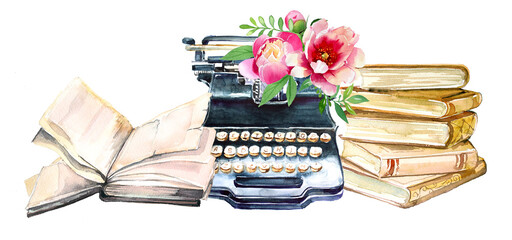 Beautiful watercolor hand painted vintage typewriter and books with flowers illustrations isolated on a white background. Romantic writer concept design set. - obrazy, fototapety, plakaty