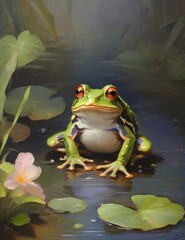 Tranquil Pond Serenity:  Peaceful  Frog on Lily Pad, watercolor painting 