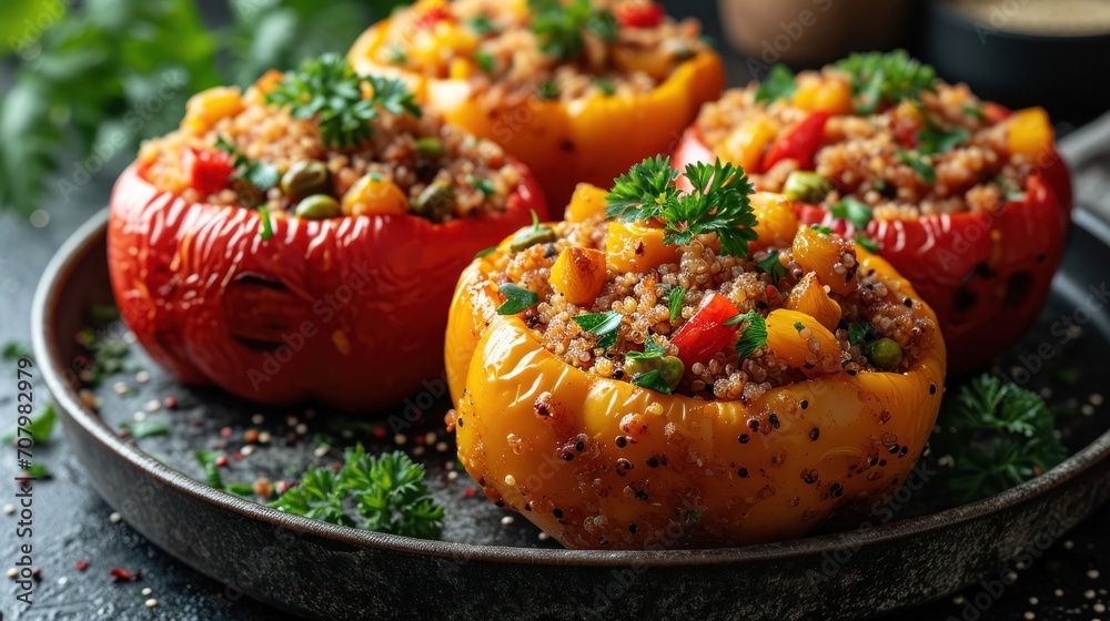 Poster  a plate topped with stuffed bell peppers covered in a mixture of seasoning next to a pot of seasoning.