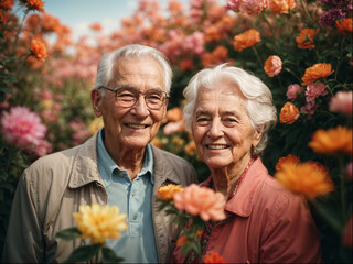 Happy elderly couple in a flower garden