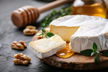 Camembert cheese with honey and nuts on a dark concrete background