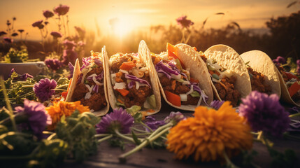 Product photograph of mexican tacos in the snow In a winter forest. Sunlight.  Orange color...