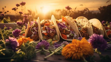 Fotobehang Product photograph of mexican tacos in the snow In a winter forest. Sunlight.  Orange color palette. Food.  © MadSwordfish
