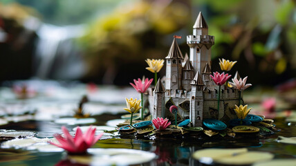 Quilled paper castle surrounded by a moat of floating lotus flowers