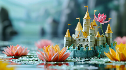 Quilled paper castle surrounded by a moat of floating lotus flowers - obrazy, fototapety, plakaty
