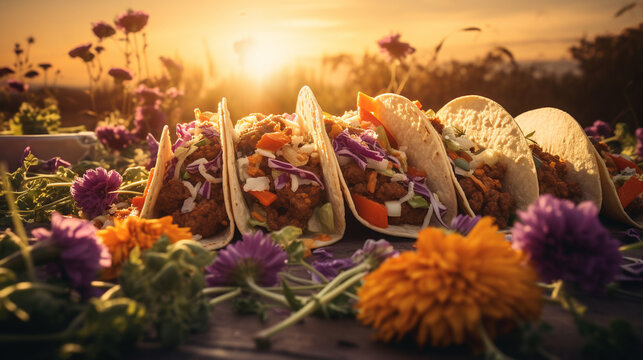 Product photograph of mexican tacos in the snow In a winter forest. Sunlight.  Orange color palette. Food. 