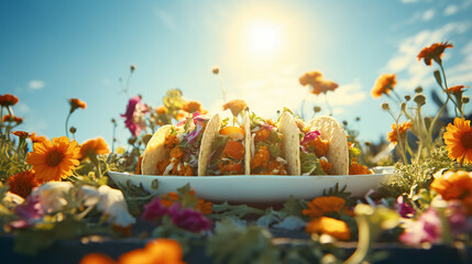 Product photograph of mexican tacos in the snow In a winter forest. Sunlight.  Orange color...