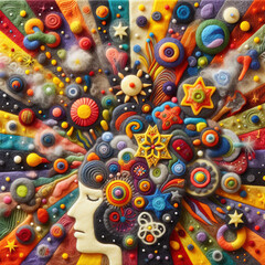 felt art patchwork, exploding mind concept art, inner world, dreams, emotions, imagination and creative mind