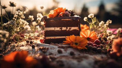 Product photograph of piece of chocolate cake in the snow In a winter forest. Sunlight.  Orange color palette. Food. 