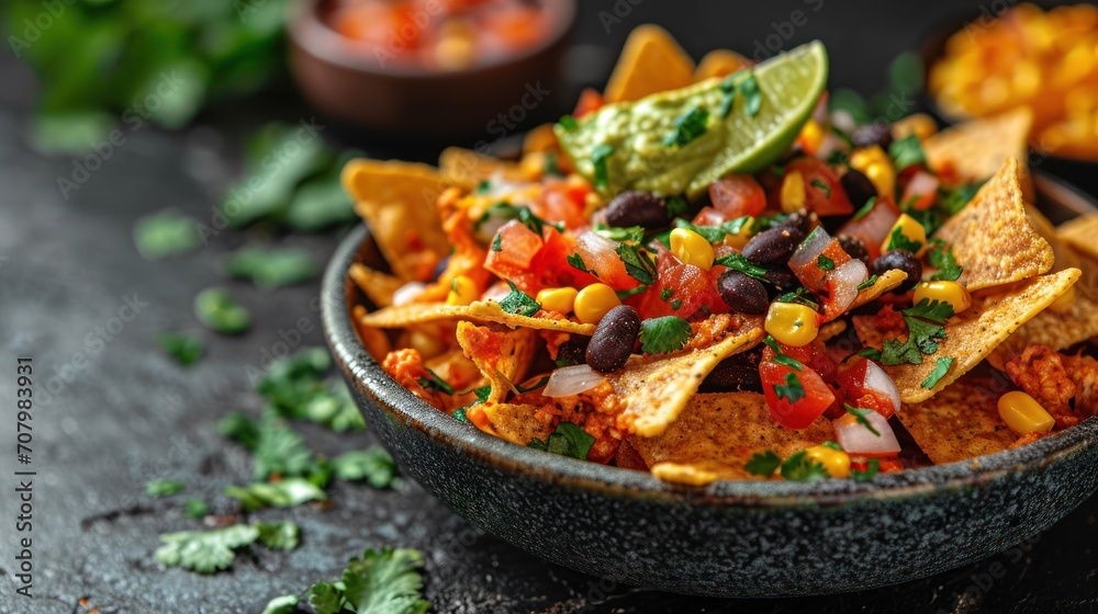 Wall mural a bowl of nachos with black beans, corn, salsa and tortilla chips on the side.