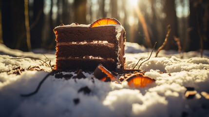 Product photograph of piece of chocolate cake in the snow In a winter forest. Sunlight.  Orange...